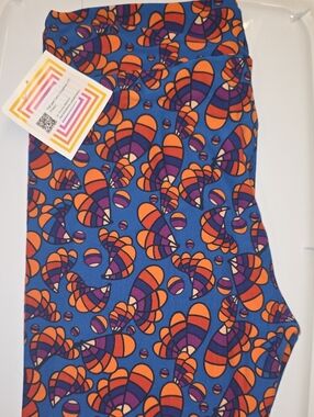 LuLaRoe Blue Leggings with Orange & Purple Abstract Pattern